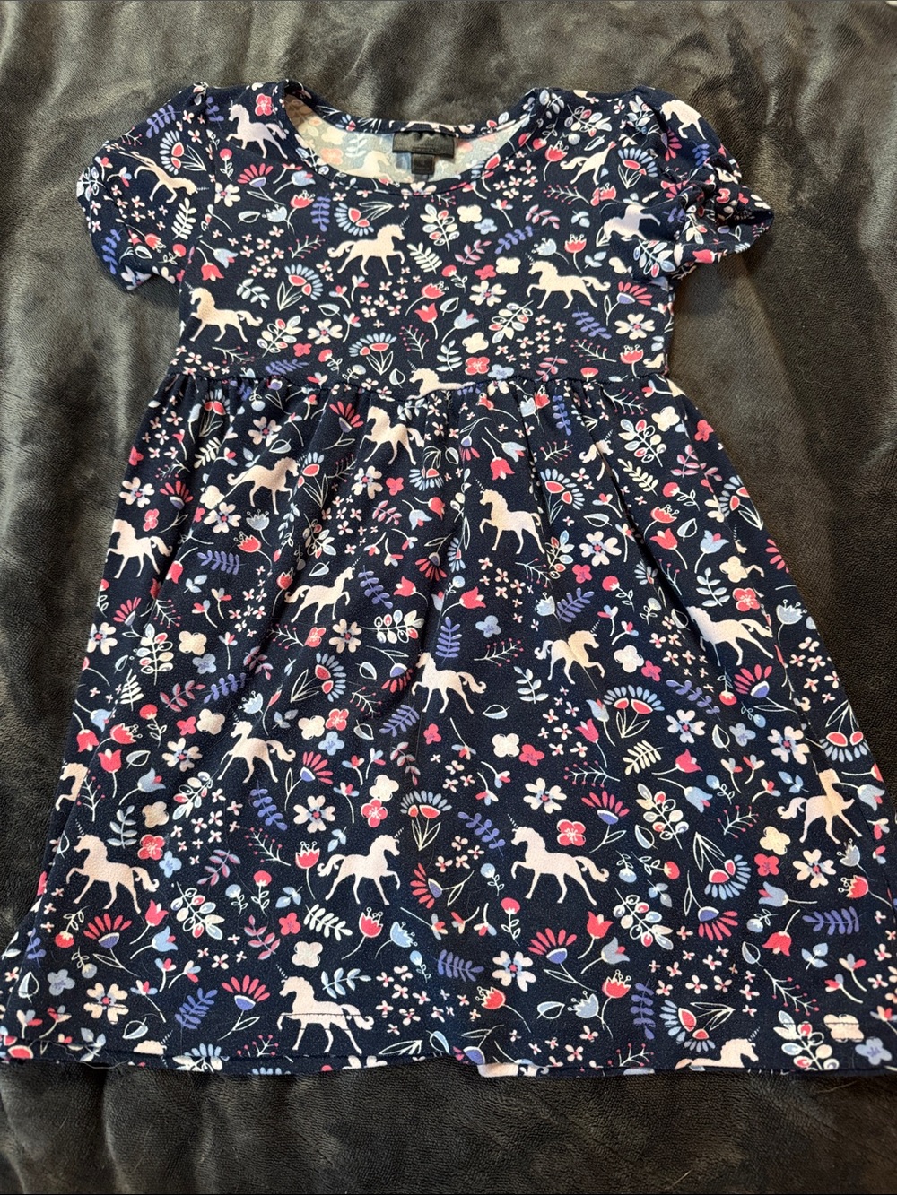 Girls Navy Unicorn & Floral Short Sleeve Dress
